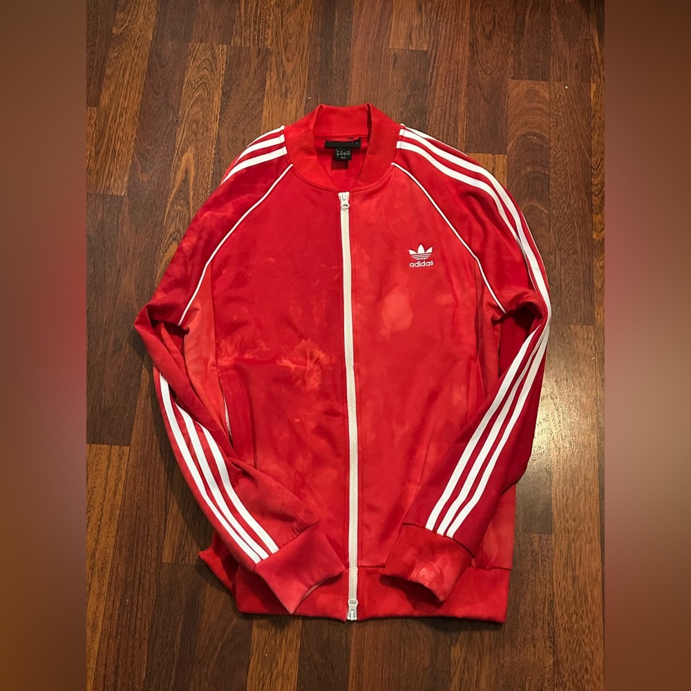 adidas Red Jacket with White Stripes tie-dye style